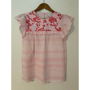 J Marie Pink White Red Embroidered Sleeveless Ruffle Tank Top 100% Cotton EUC XS